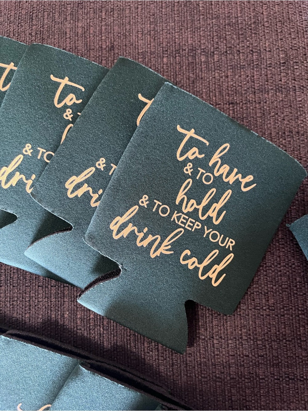 Dark Green Wedding Drink Koozies - Gold Script